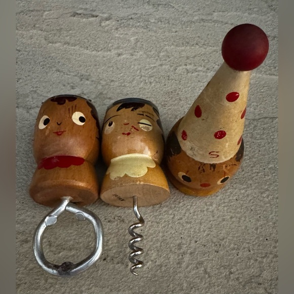 Mid-Century Figural Wood Corkscrew Bottle Opener and Salt and Pepper Shaker Set - Picture 3 of 8